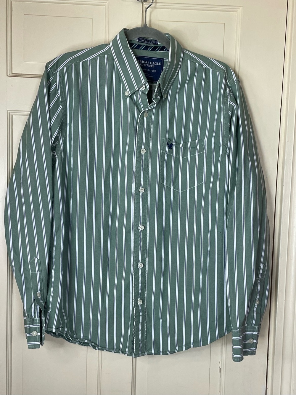 American Eagle Vintage Fit Men L Emerald Green Stripe Long Sleeve Preppy Oxford